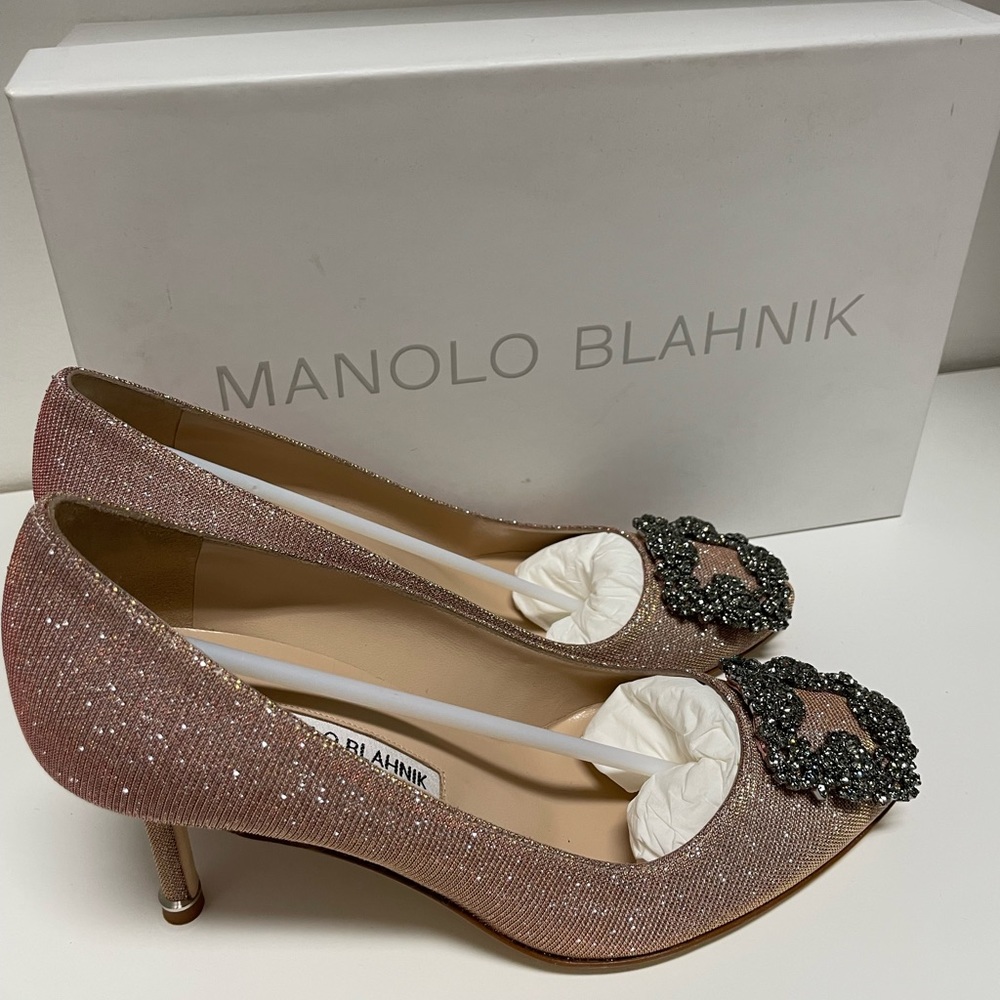 MANOLO BLAHNIK rose gold glitter heels